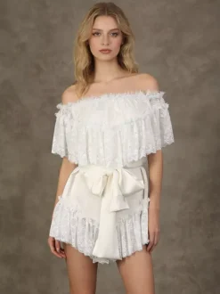 Robe courte blanche en dentelle pour femme épaules dénudées et taille haute Daily Dresses