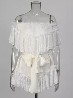 Robe courte blanche en dentelle pour femme épaules dénudées et taille haute Daily Dresses
