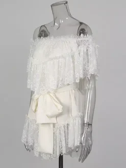 Robe courte blanche en dentelle pour femme épaules dénudées et taille haute Daily Dresses