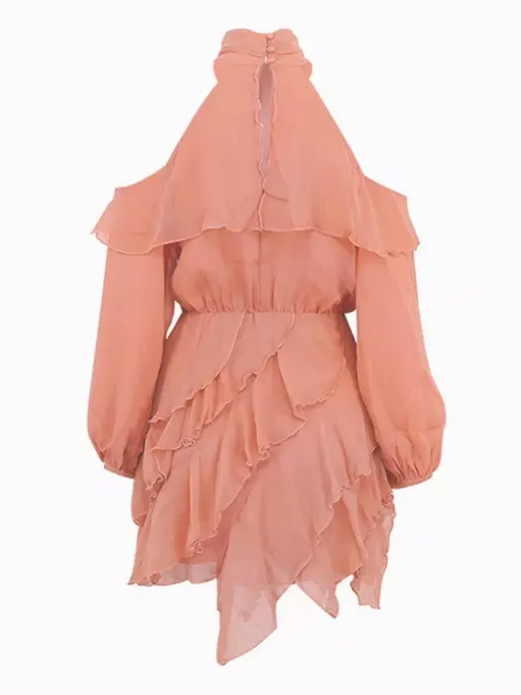 Robe courte à col montant épaules dénudées volants superposés et manches lanternes pour femme 2026