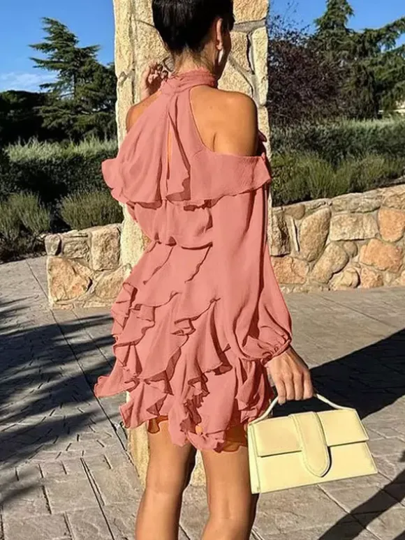Robe courte à col montant épaules dénudées volants superposés et manches lanternes pour femme 2026