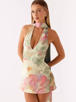 Robe courte dos nu en satin à col halter pour femme - Robe courte dos nu à décolleté plongeant avec foulard - Soirée cocktail d'été 2026