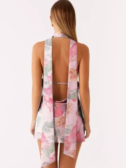 Robe courte dos nu en satin à col halter pour femme - Robe courte dos nu à décolleté plongeant avec foulard - Soirée cocktail d'été 2026