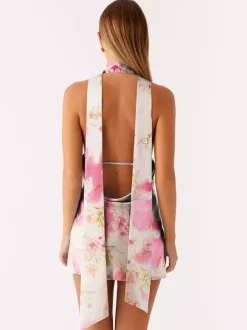 Robe courte dos nu en satin à col halter pour femme - Robe courte dos nu à décolleté plongeant avec foulard - Soirée cocktail d'été 2026