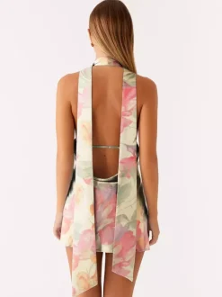 Robe courte dos nu en satin à col halter pour femme - Robe courte dos nu à décolleté plongeant avec foulard - Soirée cocktail d'été 2026