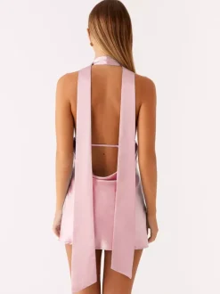 Robe courte dos nu en satin à col halter pour femme - Robe courte dos nu à décolleté plongeant avec foulard - Soirée cocktail d'été 2026