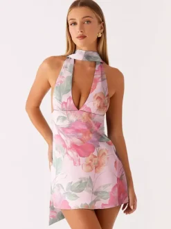 Robe courte dos nu en satin à col halter pour femme - Robe courte dos nu à décolleté plongeant avec foulard - Soirée cocktail d'été 2026