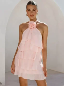 Robe courte dos nu à fleurs 3D pour femme - Élégante robe d'été en mousseline à volants et rosettes étagées - Invitée aux mariages d'été 2026
