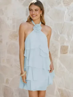 Robe courte dos nu à fleurs 3D pour femme - Élégante robe d'été en mousseline à volants et rosettes étagées - Invitée aux mariages d'été 2026