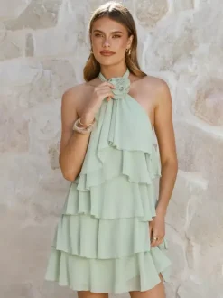 Robe courte dos nu à fleurs 3D pour femme - Élégante robe d'été en mousseline à volants et rosettes étagées - Invitée aux mariages d'été 2026
