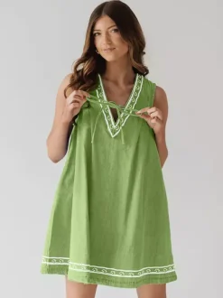 Robe courte en jean brodée pour femme - Robe d'été décontractée à col en V et noué sur le devant coupe babydoll avec poches - Vacances d'été à la plage 2026