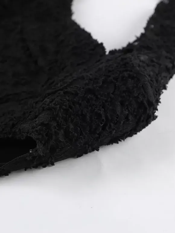 Robe courte femme en dentelle noire et fausse fourrure - Haut transparent sexy à manches longues - Style gothique idéale pour une soirée cocktail printanière 2026