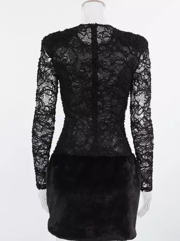 Robe courte femme en dentelle noire et fausse fourrure - Haut transparent sexy à manches longues - Style gothique idéale pour une soirée cocktail printanière 2026