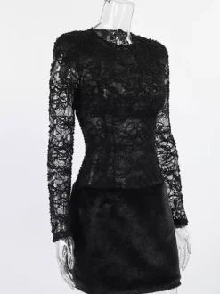 Robe courte femme en dentelle noire et fausse fourrure - Haut transparent sexy à manches longues - Style gothique idéale pour une soirée cocktail printanière 2026
