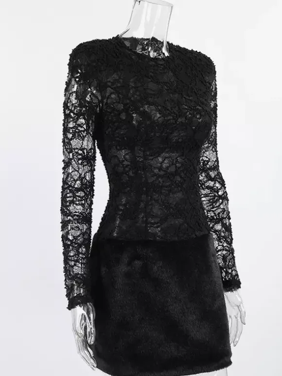Robe courte femme en dentelle noire et fausse fourrure - Haut transparent sexy à manches longues - Style gothique idéale pour une soirée cocktail printanière 2026