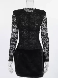 Robe courte femme en dentelle noire et fausse fourrure - Haut transparent sexy à manches longues - Style gothique idéale pour une soirée cocktail printanière 2026