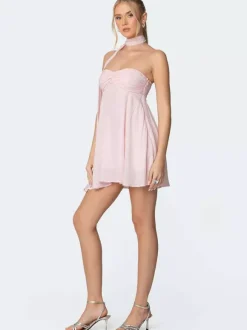 Robe courte froncée en mousseline pour femme - Rose décolleté c艙ur dos nu foulard coupe trapèze robe d'été évasée - Idéale pour un cocktail d'anniversaire d'été 2026