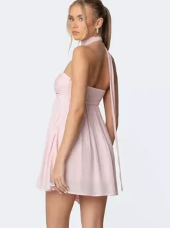 Robe courte froncée en mousseline pour femme - Rose décolleté c艙ur dos nu foulard coupe trapèze robe d'été évasée - Idéale pour un cocktail d'anniversaire d'été 2026