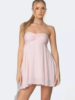 Robe courte froncée en mousseline pour femme - Rose décolleté c艙ur dos nu foulard coupe trapèze robe d'été évasée - Idéale pour un cocktail d'anniversaire d'été 2026