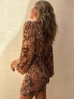 Robe courte imprimée bohème pour femme - Col en V à nouer sur le devant manches lanternes smockées - Collection été 2026
