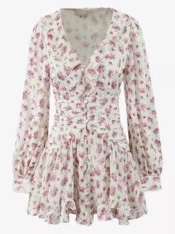 Robe courte à imprimé floral rose col en V manches longues été 2026