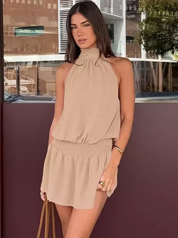 Robe courte kaki sans manches dos nu col montant taille naturelle