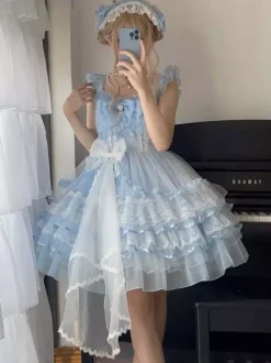 Robe courte Lolita blanche Sweet Lolita JSK avec n艙ud latéral volants et dentelle