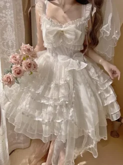 Robe courte Lolita blanche Sweet Lolita JSK avec n艙ud latéral volants et dentelle