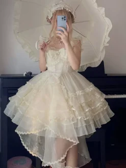 Robe courte Lolita blanche Sweet Lolita JSK avec n艙ud latéral volants et dentelle