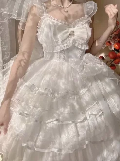Robe courte Lolita blanche Sweet Lolita JSK avec n艙ud latéral volants et dentelle