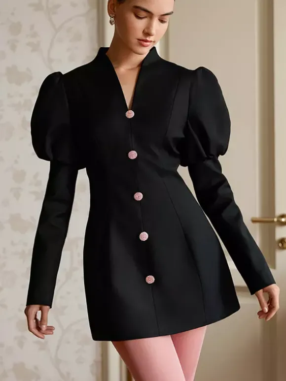 Robe courte à manches bouffantes pour femme style rétro chic - Noir élégant col montant coupe moulante - Idéale pour le printemps 2026