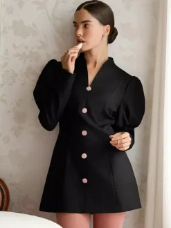 Robe courte à manches bouffantes pour femme style rétro chic - Noir élégant col montant coupe moulante - Idéale pour le printemps 2026