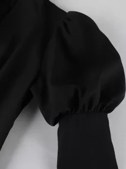Robe courte à manches bouffantes pour femme style rétro chic - Noir élégant col montant coupe moulante - Idéale pour le printemps 2026