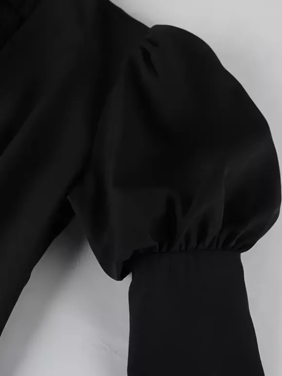 Robe courte à manches bouffantes pour femme style rétro chic - Noir élégant col montant coupe moulante - Idéale pour le printemps 2026