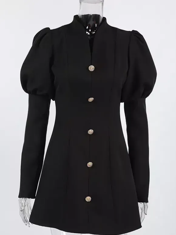 Robe courte à manches bouffantes pour femme style rétro chic - Noir élégant col montant coupe moulante - Idéale pour le printemps 2026