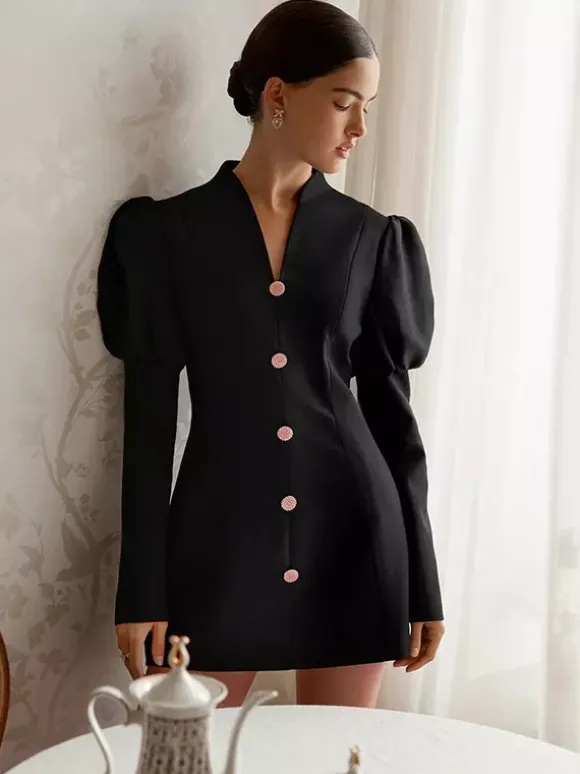 Robe courte à manches bouffantes pour femme style rétro chic - Noir élégant col montant coupe moulante - Idéale pour le printemps 2026