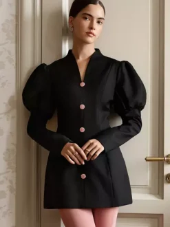 Robe courte à manches bouffantes pour femme style rétro chic - Noir élégant col montant coupe moulante - Idéale pour le printemps 2026
