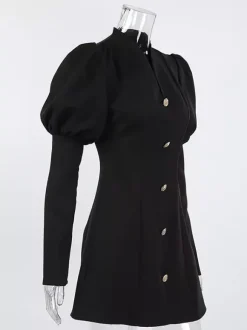 Robe courte à manches bouffantes pour femme style rétro chic - Noir élégant col montant coupe moulante - Idéale pour le printemps 2026
