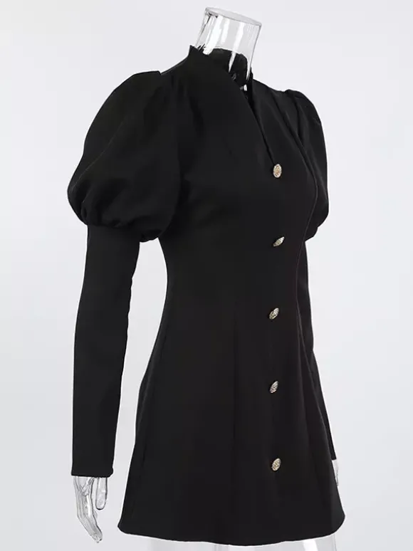 Robe courte à manches bouffantes pour femme style rétro chic - Noir élégant col montant coupe moulante - Idéale pour le printemps 2026