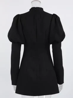 Robe courte à manches bouffantes pour femme style rétro chic - Noir élégant col montant coupe moulante - Idéale pour le printemps 2026