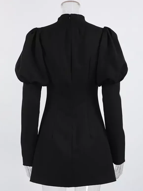 Robe courte à manches bouffantes pour femme style rétro chic - Noir élégant col montant coupe moulante - Idéale pour le printemps 2026
