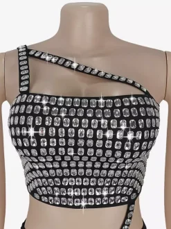 Robe courte moulante asymétrique à une épaule et strass 2026