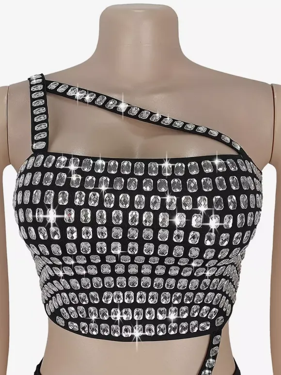 Robe courte moulante asymétrique à une épaule et strass 2026