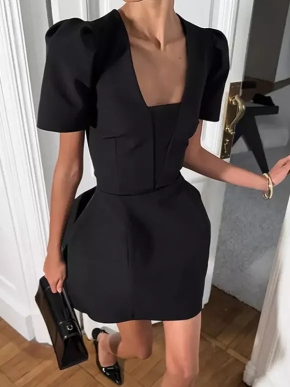 Robe courte noire à col en V pour femme - Manches bouffantes élégantes coupe sablier - Tenue élégante pour un rendez-vous galant 2026