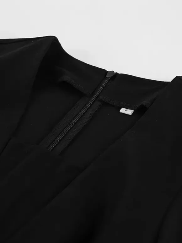 Robe courte noire à col en V pour femme - Manches bouffantes élégantes coupe sablier - Tenue élégante pour un rendez-vous galant 2026