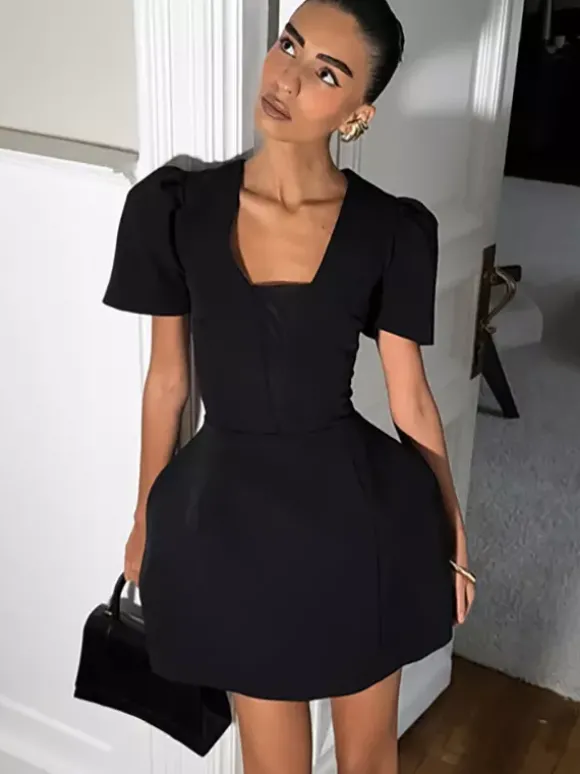 Robe courte noire à col en V pour femme - Manches bouffantes élégantes coupe sablier - Tenue élégante pour un rendez-vous galant 2026