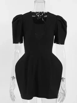 Robe courte noire à col en V pour femme - Manches bouffantes élégantes coupe sablier - Tenue élégante pour un rendez-vous galant 2026