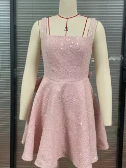 Robe courte à paillettes avec n艙ud dans le dos col carré coupe trapèze tenue de fête d'anniversaire pour femme 2026