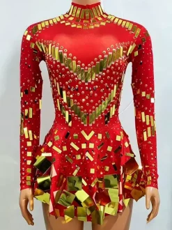 Robe courte à sequins scintillante pour danseuse de salon style miroir tenue de scène sexy et luxueuse.