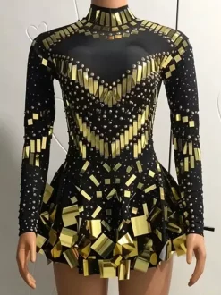 Robe courte à sequins scintillante pour danseuse de salon style miroir tenue de scène sexy et luxueuse.